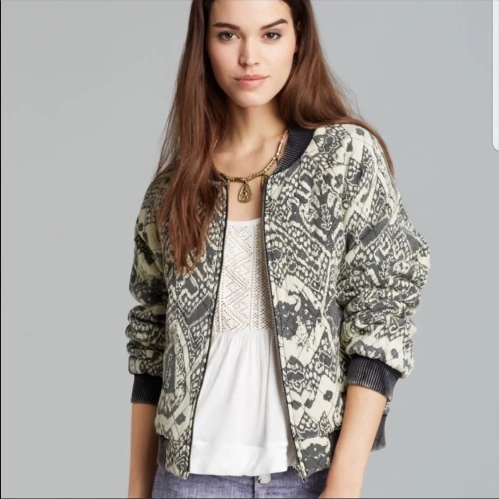 Free People Black and Cream Bomber Jacket - Picture 1 of 14